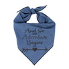 Blue Denim Dog Bandana Classic Tie with "And So our Adventure Begins" Glitter Vinyl
