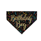Birthday Boy Dog Bandana is Black with Colorful Streamers, Gold Glitter Vinyl used for saying
