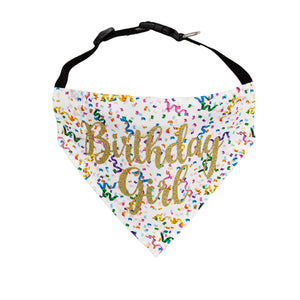 Birthday Girl Dog Bandana in Gold Glitter Vinyl with colorful Streamers is reversible