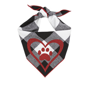 Black and White Buffalo Check Dog Bandana with Red trim and Red Heart with Paw Glitter Vinyl applique