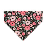 Black dog bandana with lots of pink flowers slides over the collar