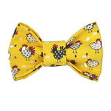 Yellow Dog Bow Tie has chickens and roosters, attaches to dogs collar with 2 velcro straps