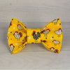 Adorable Dog Bow Tie has chickens and roosters on Yellow cotton,attaches to dogs collar with 2 velcro straps