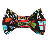 Happy Birthday Dog Bow Tie with black background and colorful print