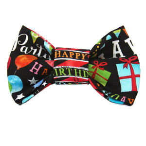 Happy Birthday Dog Bow Tie with black background and colorful print