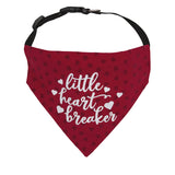Valentine Dog Bandana in Red Cotton with Flocked Hearts and Glitter Vinyl Saying - Little Heart Breaker