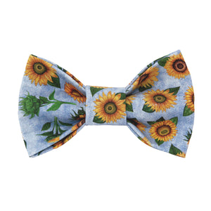 Sunflower dog bow tie on blue cotton